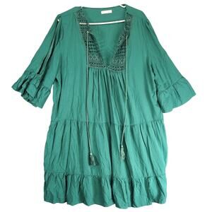 Ekouaer Tiered Knee-Length Dress Sz XXL Tassle Tie Crochet Lace Bell Sleeve Teal